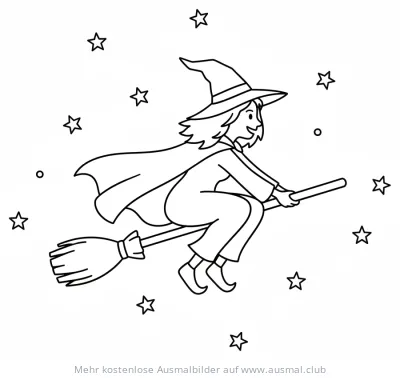 Freundliche Hexe fliegt auf Besen Ausmalbild
