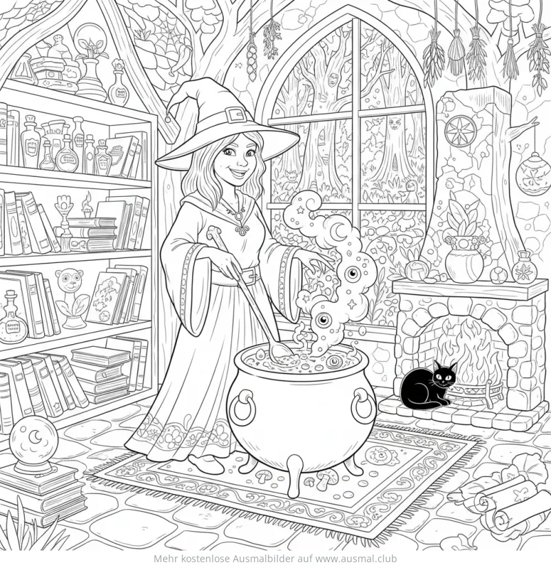 Hexe rührt im Kessel Ausmalbild mit Kater und Bücherregal