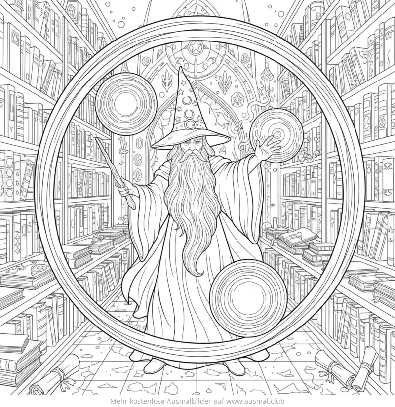 Zauberer in Bibliothek mit Zauberstab Ausmalbild