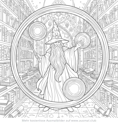 Zauberer in Bibliothek mit Zauberstab Ausmalbild