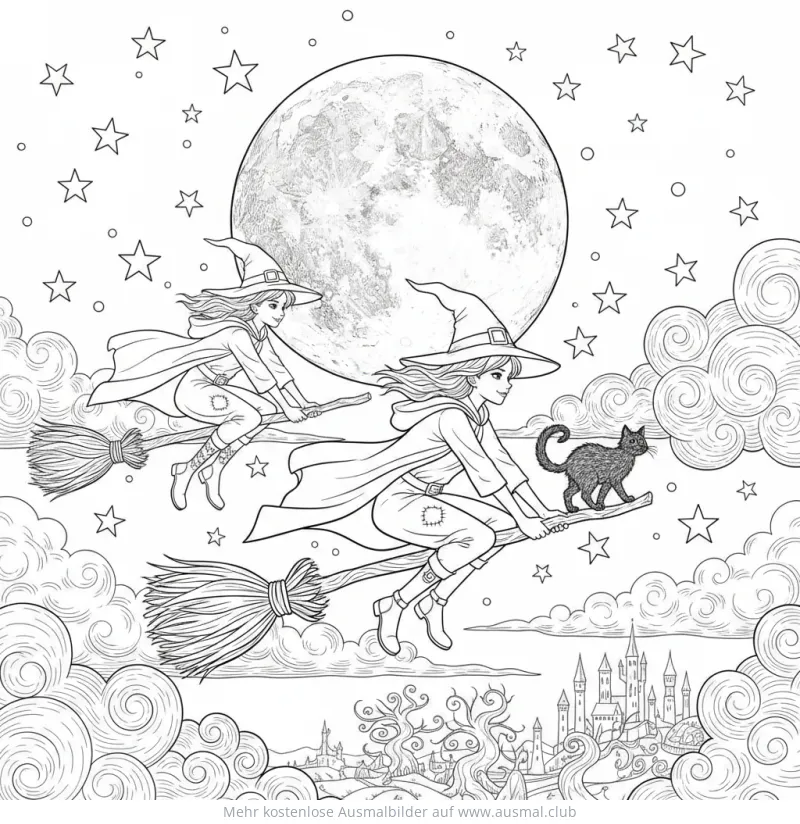 Hexenflug Ausmalbild mit zwei Hexen, Katze, Vollmond und Schloss