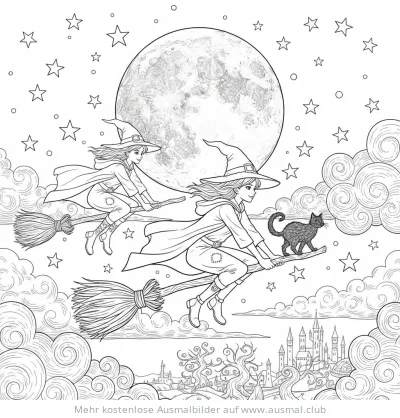 Hexenflug Ausmalbild mit zwei Hexen, Katze, Vollmond und Schloss