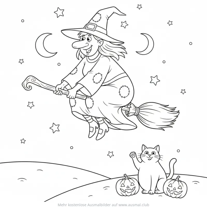 Hexe fliegt auf Besen, Katze und Kürbisse Ausmalbild