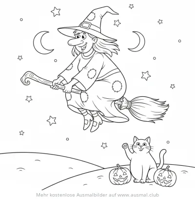 Hexe fliegt auf Besen, Katze und Kürbisse Ausmalbild