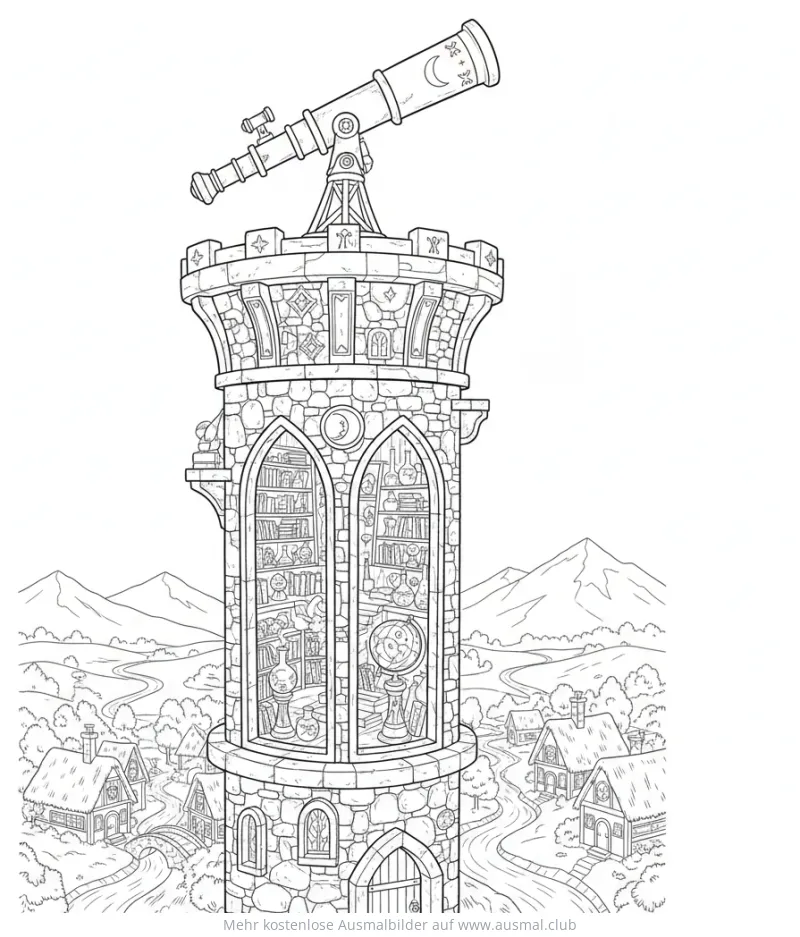 Zauberer Turm mit Teleskop und Bücherregalen Ausmalbild