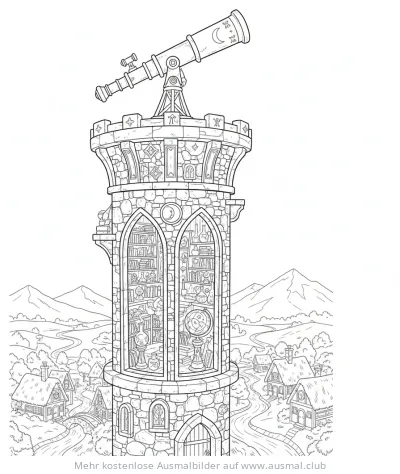 Zauberer Turm mit Teleskop und Bücherregalen Ausmalbild