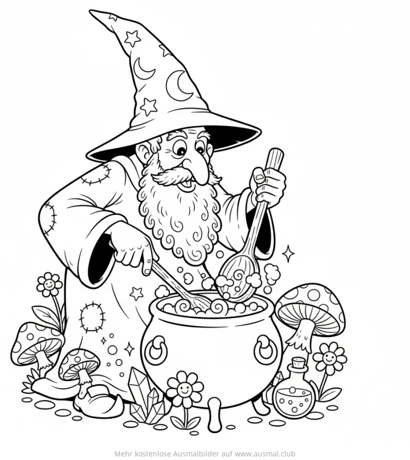Zauberer rührt in Kessel Ausmalbild mit Pilzen und Zaubertrank
