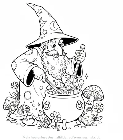Zauberer rührt in Kessel Ausmalbild mit Pilzen und Zaubertrank