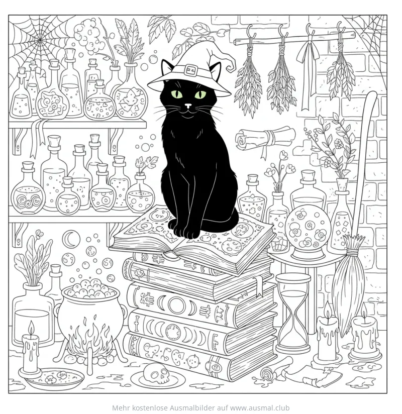 Hexenkatze mit Hexenhut auf Zauberbüchern Ausmalbild