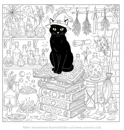 Hexenkatze mit Hexenhut auf Zauberbüchern Ausmalbild