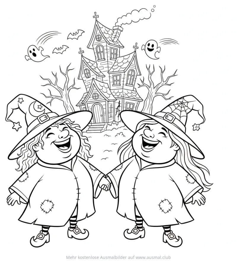 Zwei Hexen vor Hexenhaus Ausmalbild mit Geistern und Fledermäusen