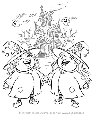 Zwei Hexen vor Hexenhaus Ausmalbild mit Geistern und Fledermäusen