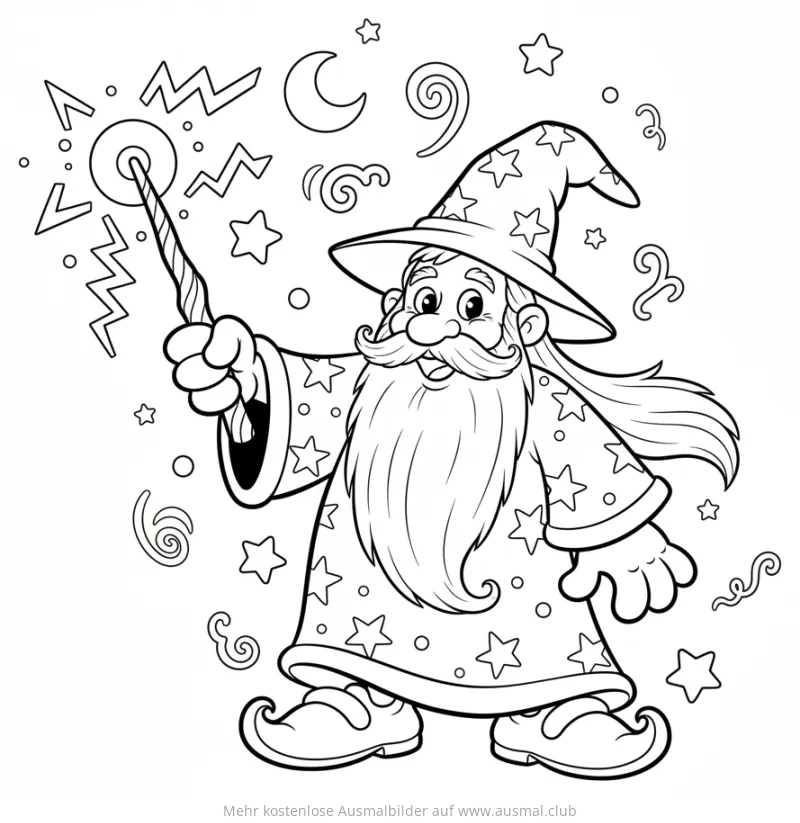 Zauberer mit Sternenmantel und Zauberstab Ausmalbild