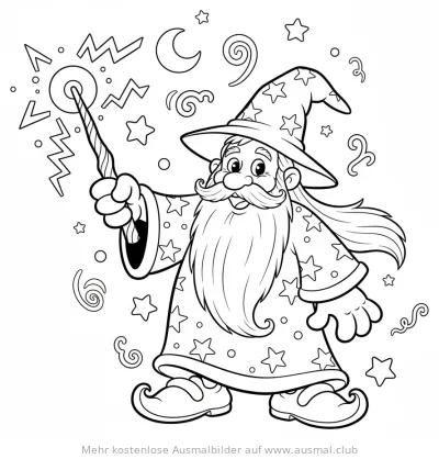 Zauberer mit Sternenmantel und Zauberstab Ausmalbild
