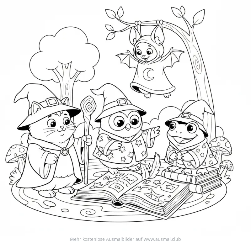 Katze, Eule, Frosch und Fledermaus als Zaubertiere Ausmalbild