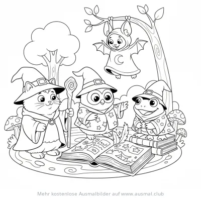 Katze, Eule, Frosch und Fledermaus als Zaubertiere Ausmalbild