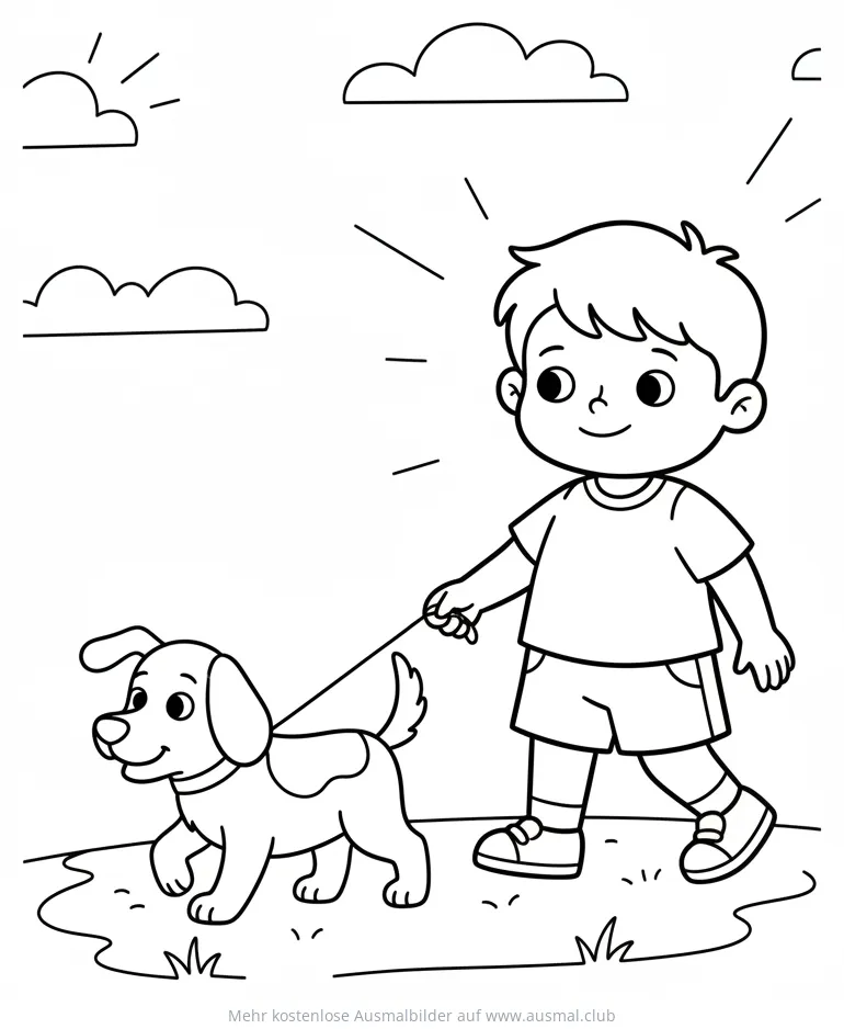 Junge führt Hund an der Leine Gassi Ausmalbild