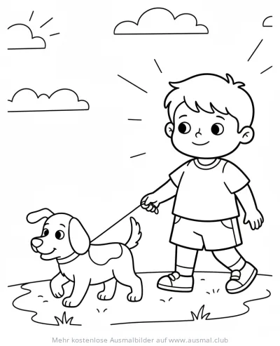Junge führt Hund an der Leine Gassi Ausmalbild