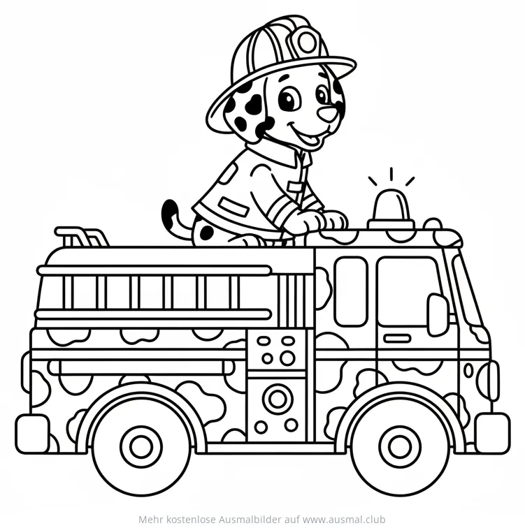 Feuerwehrmann Dalmatiner auf Feuerwehrauto Ausmalbild