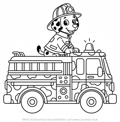 Feuerwehrmann Dalmatiner auf Feuerwehrauto Ausmalbild