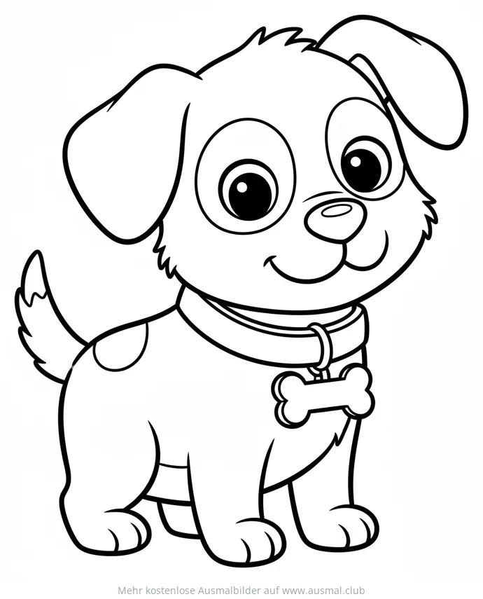 Hundewelpe mit Halsband und Knochen-Anhänger Ausmalbild