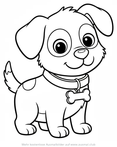 Hundewelpe mit Halsband und Knochen-Anhänger Ausmalbild
