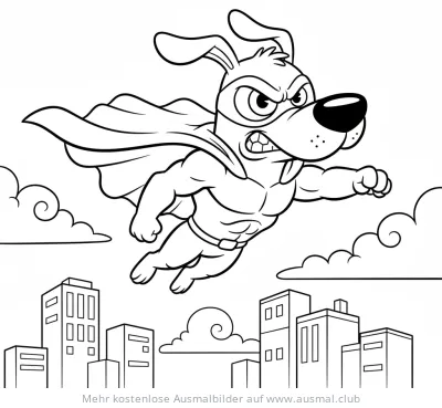 Hund Superheld fliegt über Stadt Ausmalbild