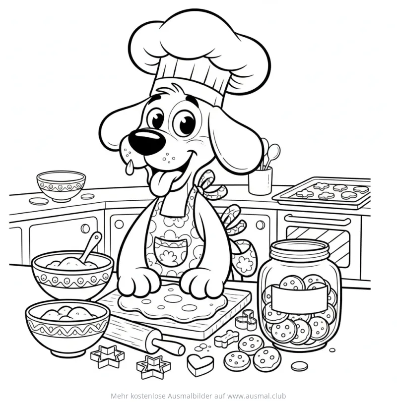 Hund als Bäcker Ausmalbild mit Kochmütze und Keksen
