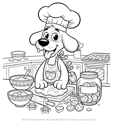 Hund als Bäcker Ausmalbild mit Kochmütze und Keksen