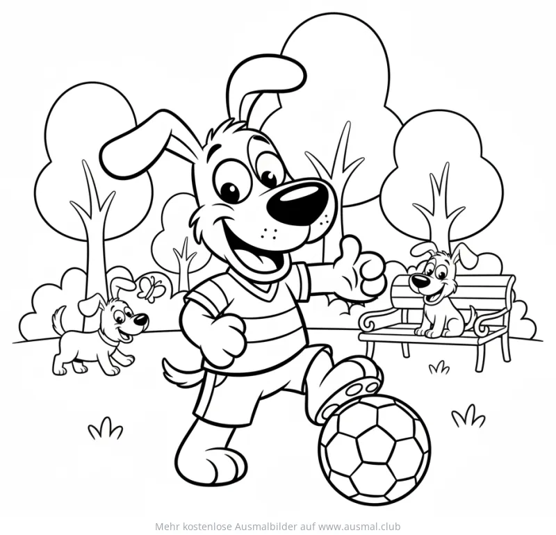 Hund spielt Fußball im Park Ausmalbild