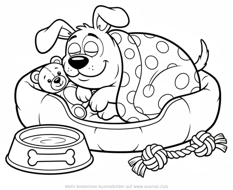 Schlafender Hund mit Teddy im Hundebett Ausmalbild