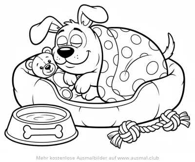 Schlafender Hund mit Teddy im Hundebett Ausmalbild