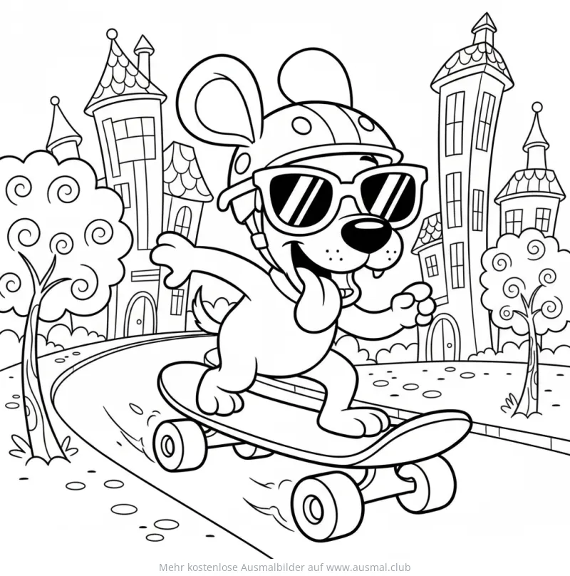 Hund mit Helm und Sonnenbrille auf Skateboard Ausmalbild