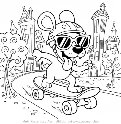 Hund mit Helm und Sonnenbrille auf Skateboard Ausmalbild