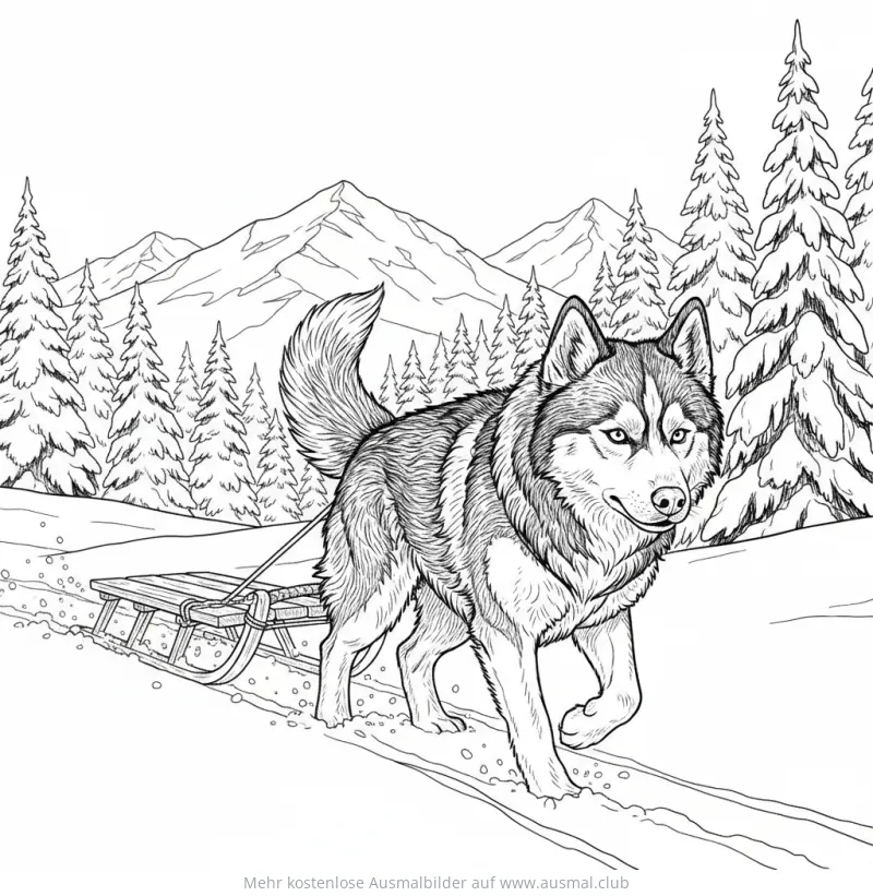 Husky zieht Schlitten in Winterlandschaft Ausmalbild