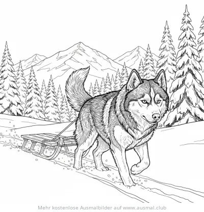 Husky zieht Schlitten in Winterlandschaft Ausmalbild