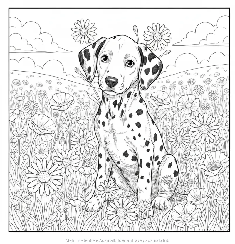 Dalmatiner Welpe sitzt in Blumenwiese Ausmalbild