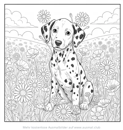 Dalmatiner Welpe sitzt in Blumenwiese Ausmalbild
