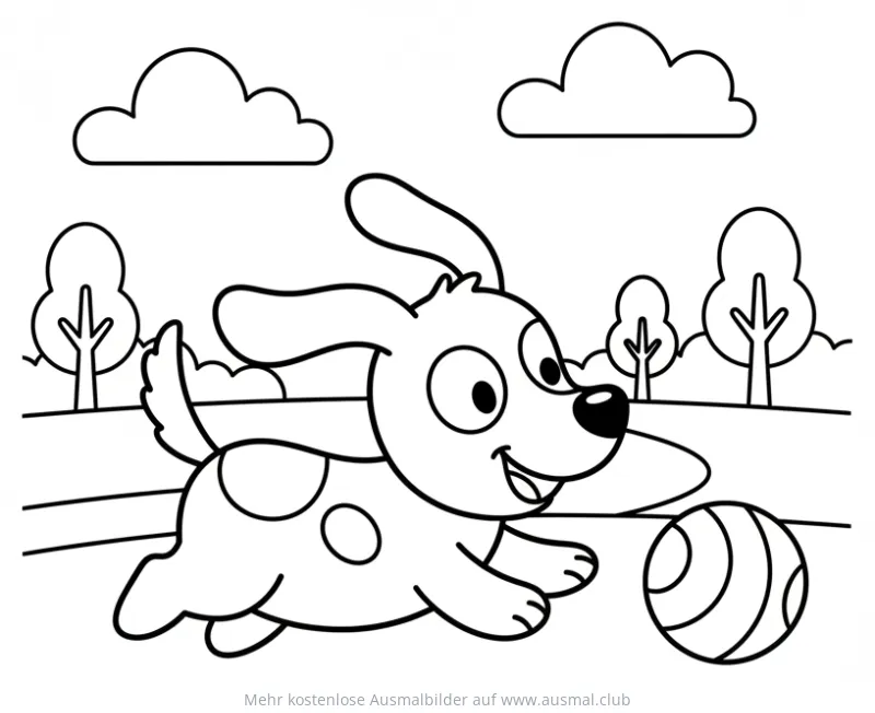 Hund spielt mit Ball im Park Ausmalbild