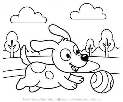 Hund spielt mit Ball im Park Ausmalbild