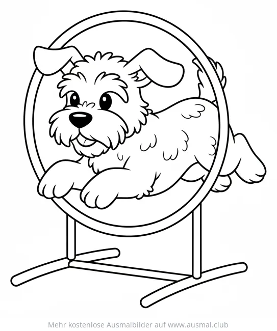 Springender Hund durch Reifen Ausmalbild