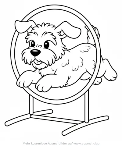 Springender Hund durch Reifen Ausmalbild