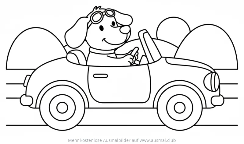 Hund mit Fliegerbrille fährt Cabrio Ausmalbild
