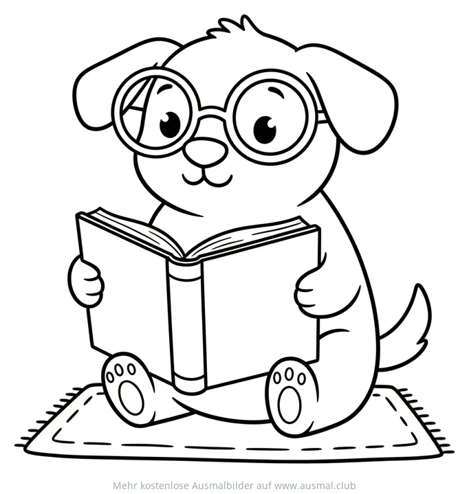 Hund mit Brille liest Buch Ausmalbild