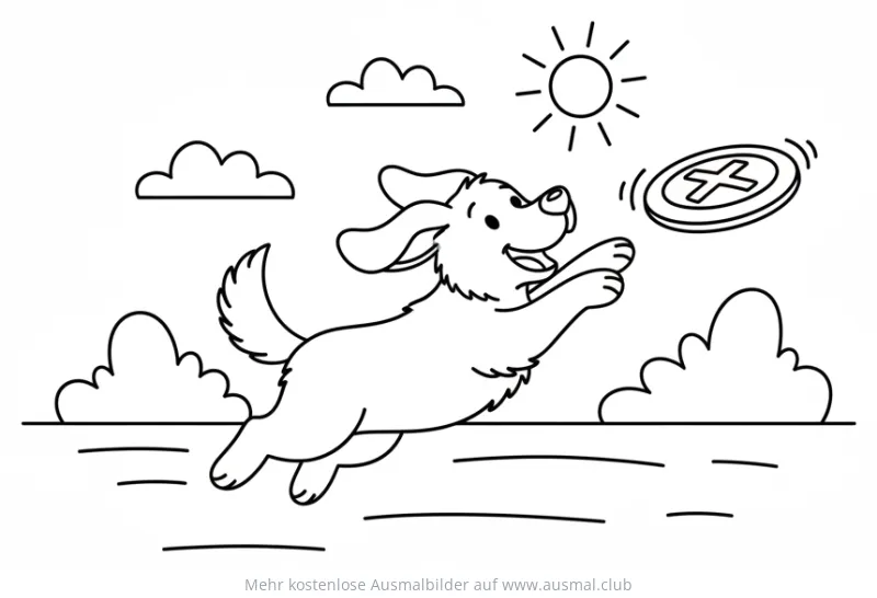 Hund springt nach Frisbee Ausmalbild