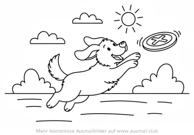 Hund springt nach Frisbee Ausmalbild