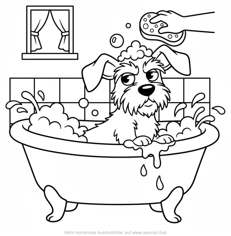 Hund in Badewanne mit Seifenblasen Ausmalbild