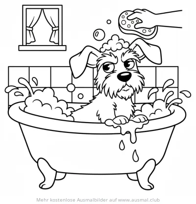 Hund in Badewanne mit Seifenblasen Ausmalbild