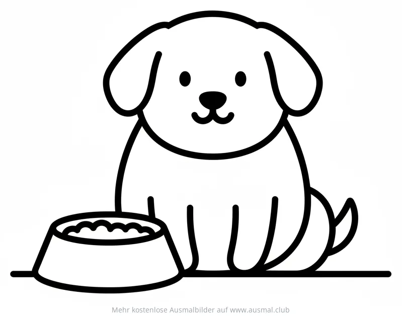 Hund sitzt vor Napf Ausmalbild