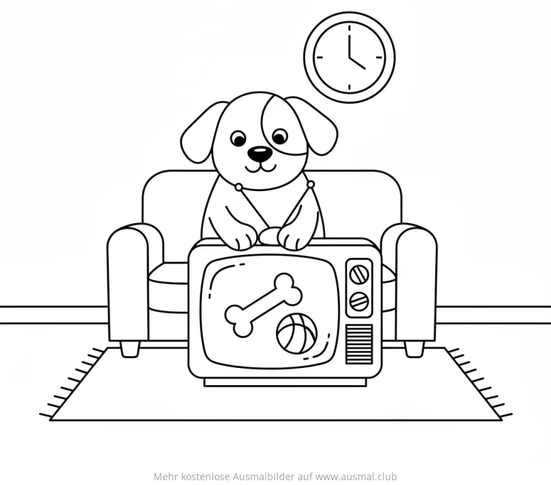 Hund sitzt vor Fernseher mit Knochen und Ball Ausmalbild